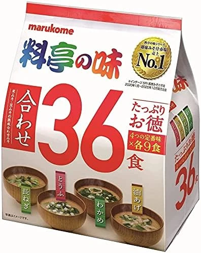 Marukome Soupe Miso Ryotei no Aji 4 Saveurs, Pack de 36 Soupes Miso Instantanées Japonaises (Algues Wakame, Oignons Verts, Tofu, Aburaage)