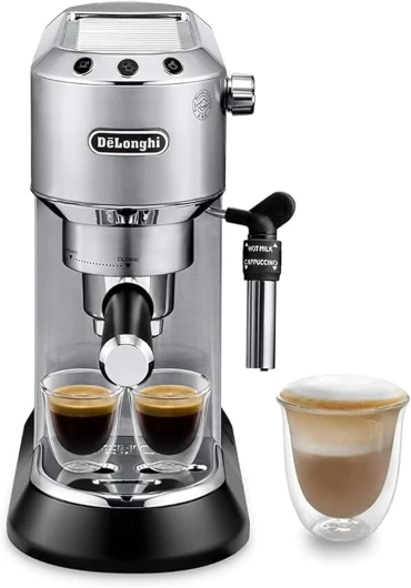 De'Longhi Dedica Style EC685.M, Machine à Expresso avec Buse à Mousse de Lait Professionnelle, Seulement 15 cm de Large, Réservoir de 1 L, Boîtier en Métal, Compatible avec les Dosettes E.S.E, Métal Métallique Unique
