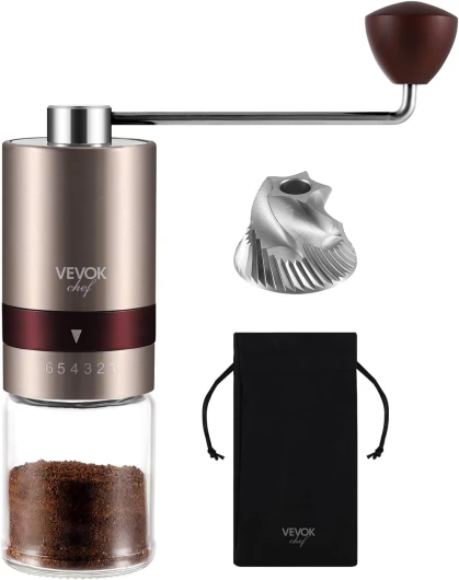 Vevok Chef Moulin à Café Manuel avec 6 Réglages Externes pour Espresso à French Press, Meule Conique en Acier Inoxydable, Idéal pour Maison, Bureau ou Voyages, Or Rose