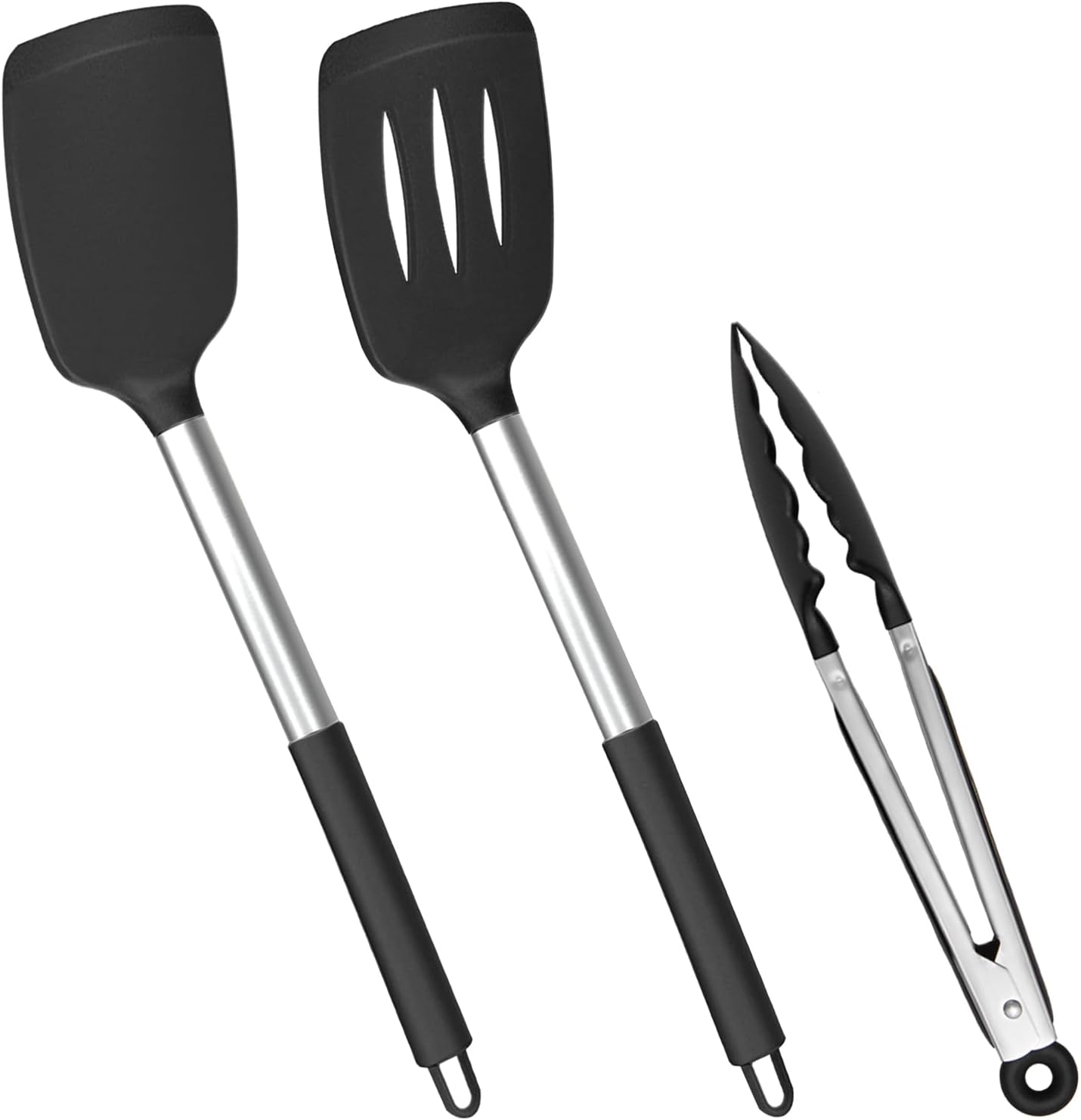 Spatule Silicone Cuisine Lot de 3, 2 Spatules Pâtisserie + 1 Pince, Spatule Cuisine Pâtisserie Antiadhésive, Ustensiles Ne Rayant Pas les Casseroles - Spatule Silicone pour Cuisson et Mélange, Noir