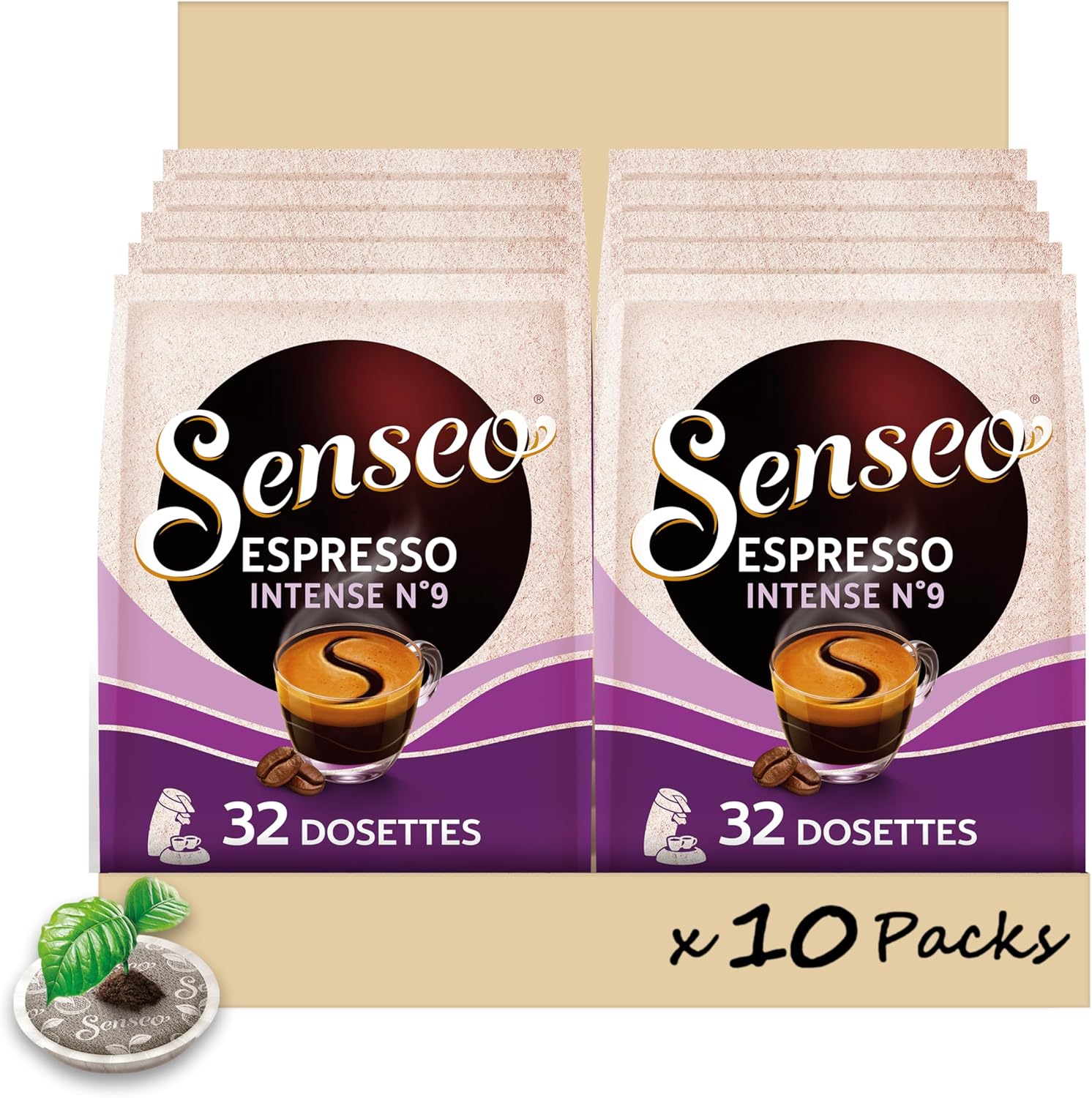 SENSEO, 320 Dosettes de café Espresso Intense, Intensité 9, 100% Arabica, Compatibles machines à café SENSEO® - (Lot de 10 x 32 Dosettes)