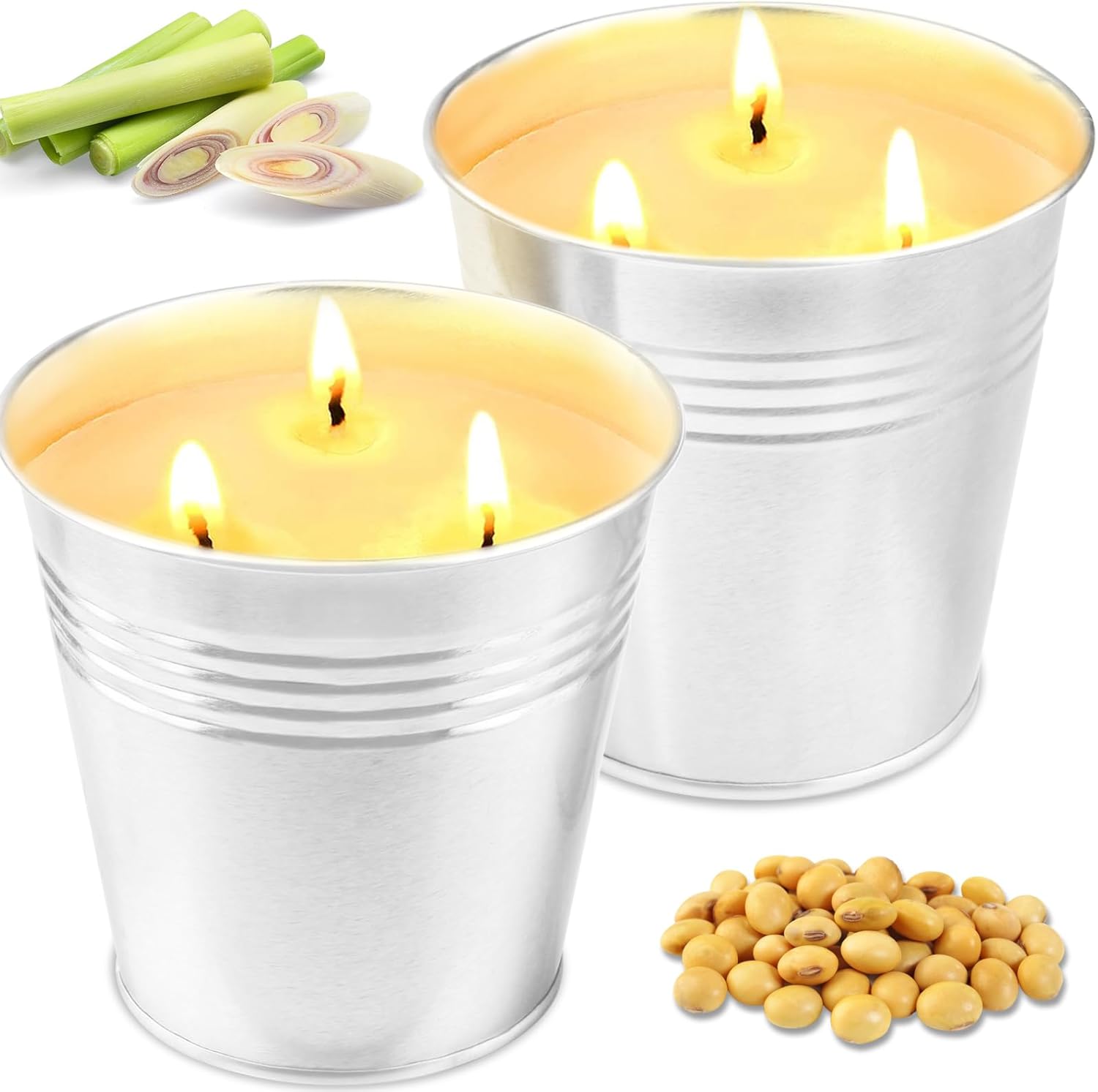 Lot de 2 grandes bougies à la citronnelle pour l'extérieur, En cire de soja naturelle, Avec 3 mèches, Parfum citronnelle, Idéal pour le camping, le pique-nique, la terrasse, Durée de