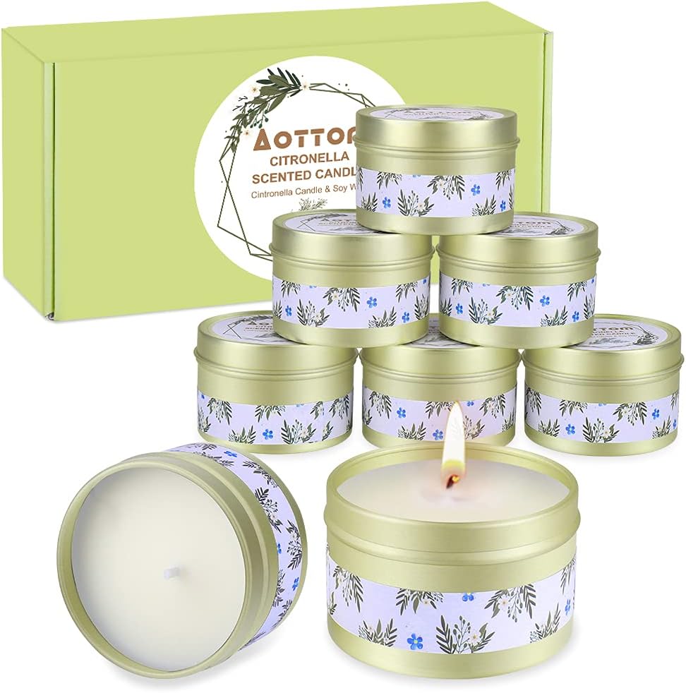 Aottom 8 Pièces Bougie Citronnelles Extérieur & Intérieur, 100% Cire de Soja Naturel Bougies au Citron pour Jardin, Terrasse, Pique-nique, Voyage Camping - 2,5 OZ (20 heures chaque bougie) 8 Pack