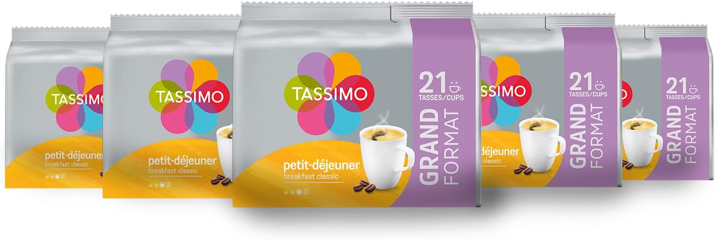, 105 Dosettes Café Petit-déjeuner, Compatibles avec les machines TASSIMO, 105 Cafés Rond et Equilibré, 5 packs de 21 dosettes TASSIMO Petit déjeuner 21 unité (Lot de 5)