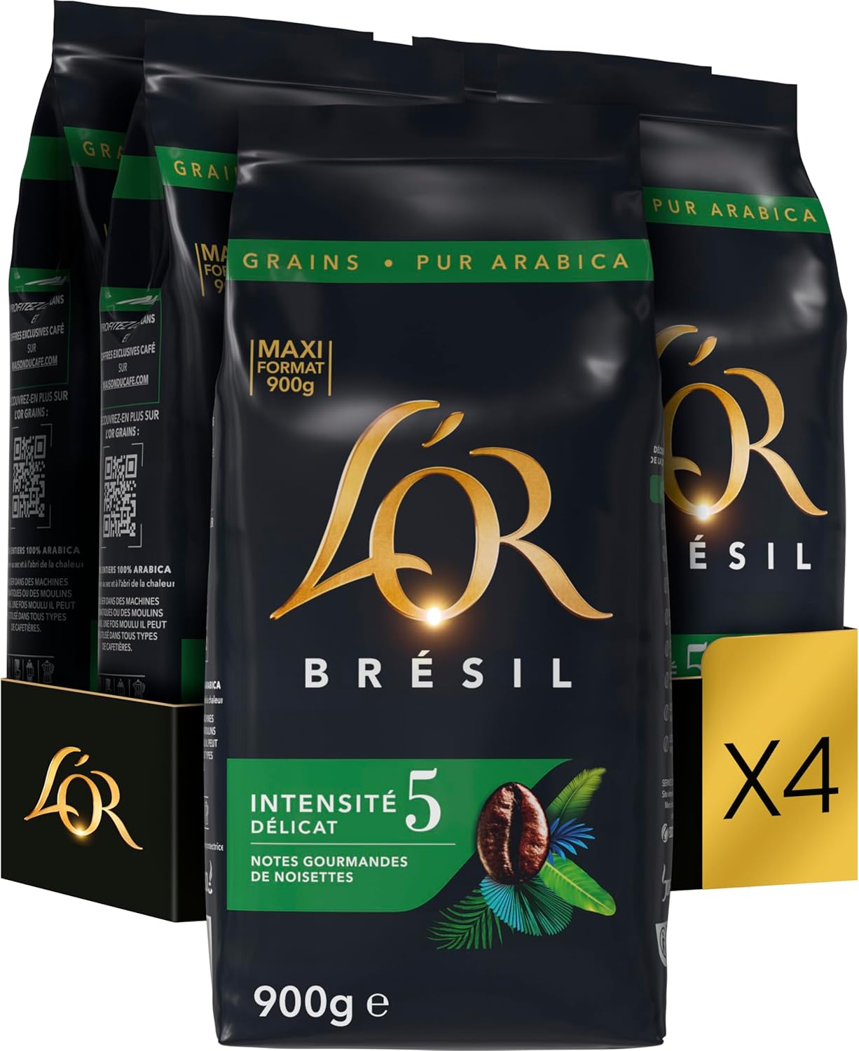L'OR, Café En Grain 100% Arabica, Brésil, Intensité 5 De Torréfaction, 900g x 4 L'Or Brésil Intensité 5 900 g (Lot de 4)