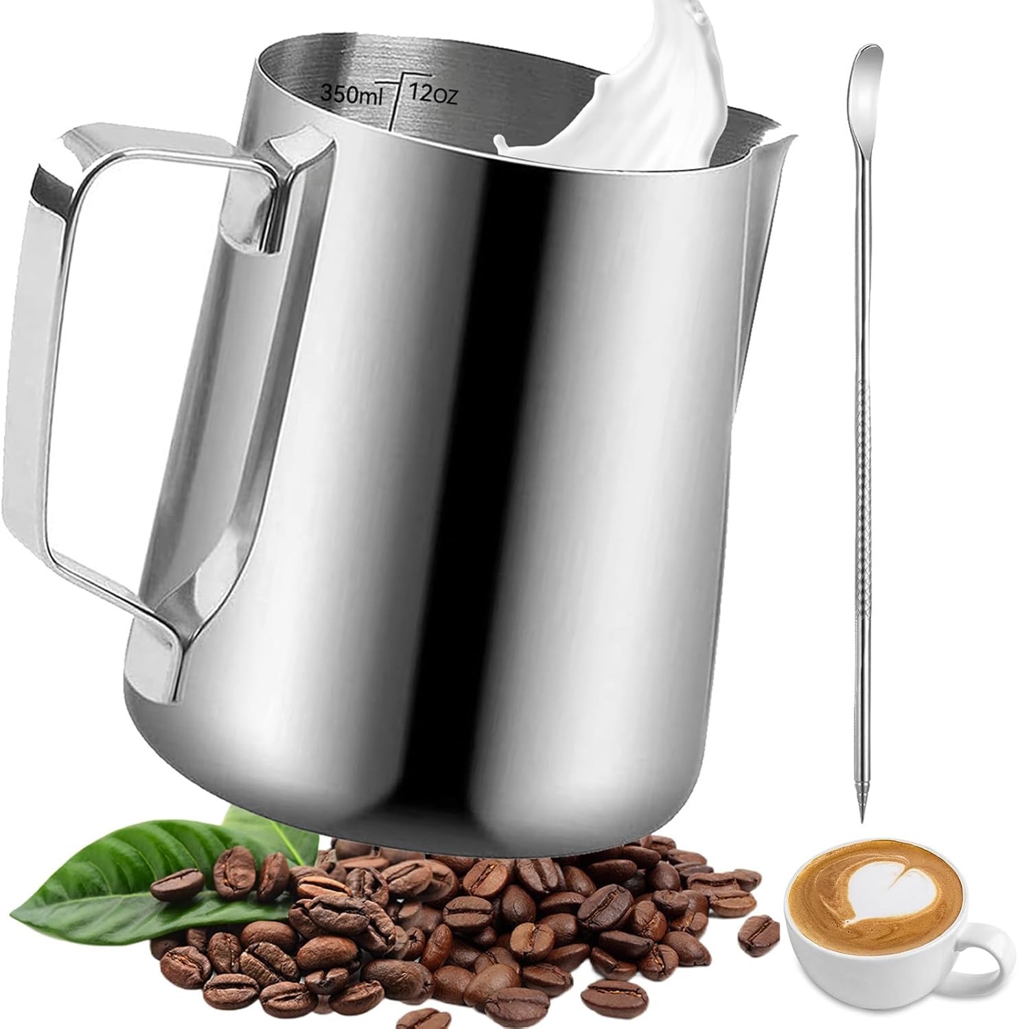 Omtofo Pichet Lait Inox, 350ml Pot à Lait Avec Lignes de Mesure et Latte Art Pen, Milk Frother, Pichets-mousseurs à lait pour Cappuccino, Expresso, Latte Art