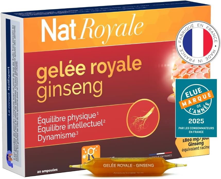 NaturAvignon Ampoule Gelée Royale Ginseng - complement alimentaire Vitalité, Immunité, defense immunitaire adulte - Gelée Royale 1000mg, Ginseng rouge de corée 1800mg, Vitamines B3 B6 - 20 ampoules