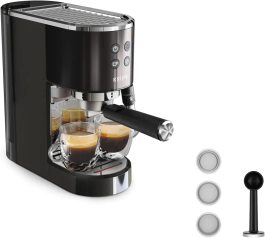 Virtuoso+, Machine expresso, Machine a cafe à pompe, expresso machine a cafe moulu ou dosettes, 15 bars, Inox, Buse vapeur, Espresso et cappuccino, XP444G10, Acier Noir Acier Noir Barista Simple