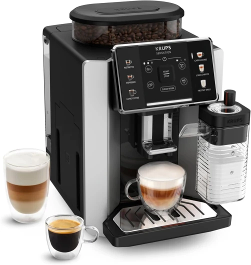 Sensation Lait, Machine à café grains, machine expresso, 6 boissons, Carafe à lait, Cappuccino, Interface tactile, Nettoyage automatique, Silver, EA912E10 Gris Silver Milk Maestro - 6 recettes