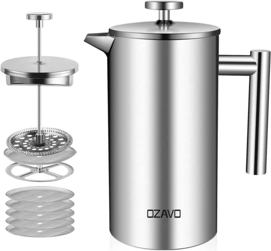 Cafetière à Piston 1000ML INOX Isotherme avec 5 Filtres Remplacement French Press 3 en 1 Acier Français Cafe Filtre à Thé Manual - 1 Litre 1000 Ml