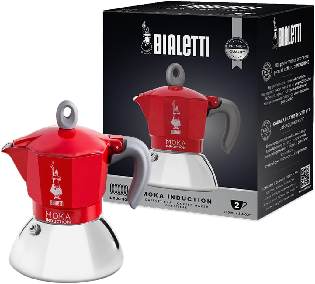 Moka Induction, Cafetière Moka, Convient à Tous Les Types de Plaques de Cuisson, 2 Tasses d'Espresso (100 Ml), Rouge Rouge 2 Tasses New Moka Induction