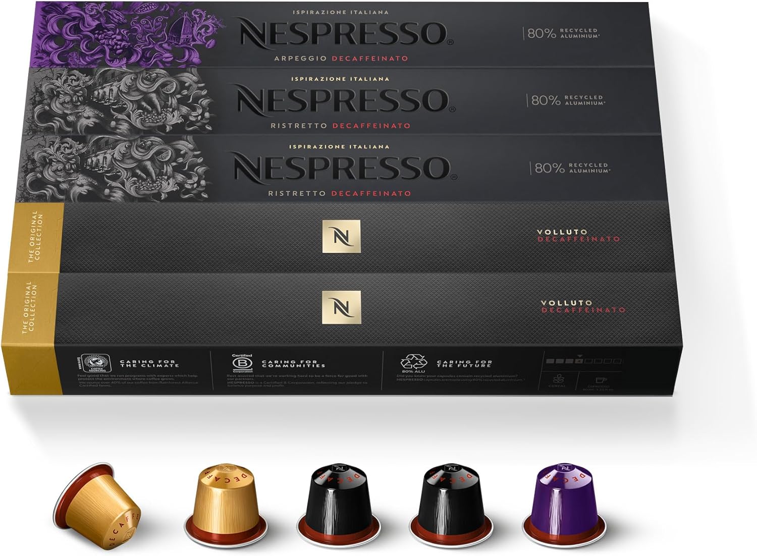 Original - Bundle 50 Capsules de Café Décaféiné - Torréfaction Légère à Intense - 20x Ristretto Decaffeinato - 20x Volluto Decaffeinato - 10x Arpeggio Decaffeinato