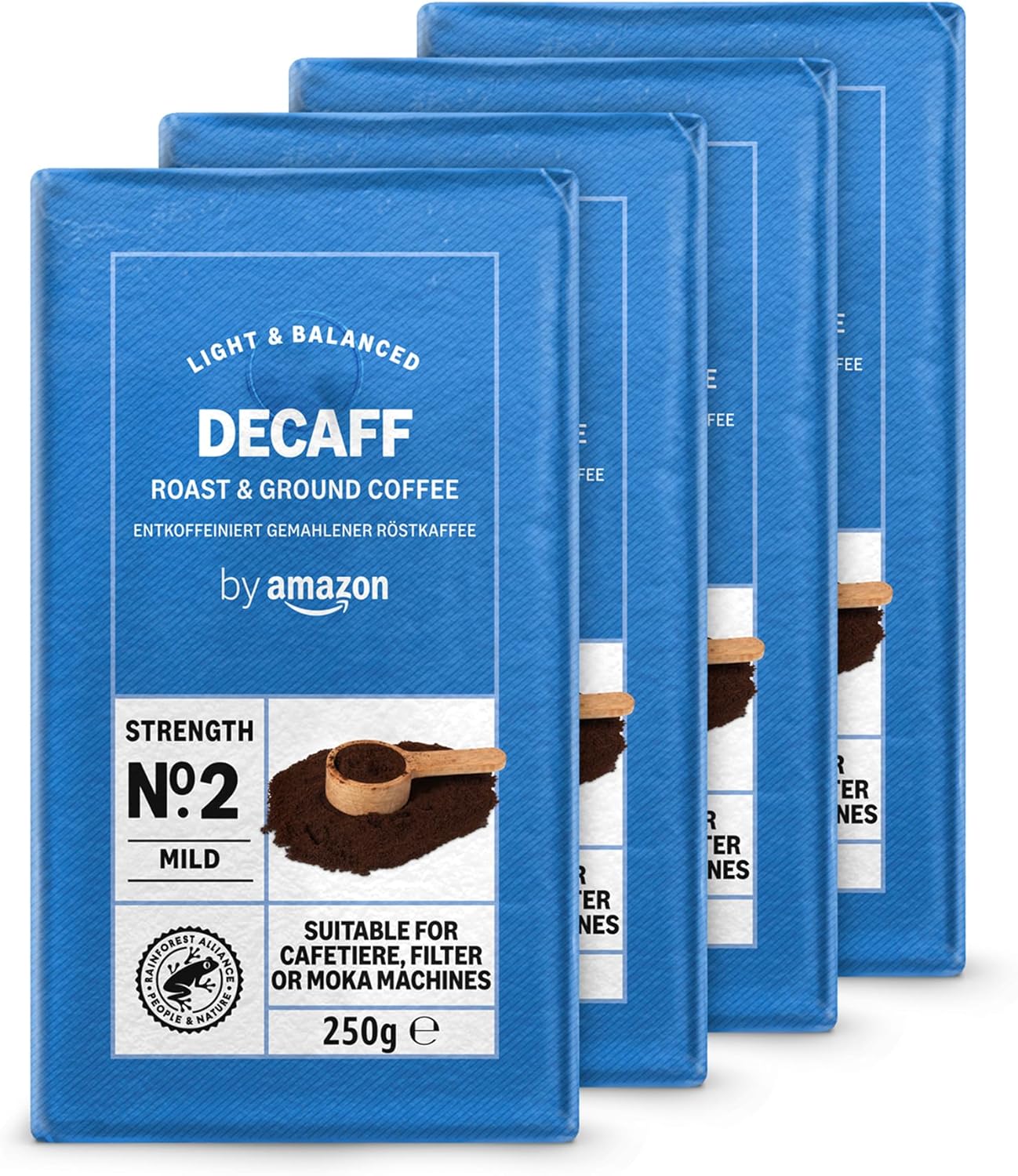 Café moulu décaféiné Decaffeinato, torréfaction légère, 1kg, 4 lot de 250g - Certifié Rainforest Alliance Décaféiné 250 g (Lot de 4)