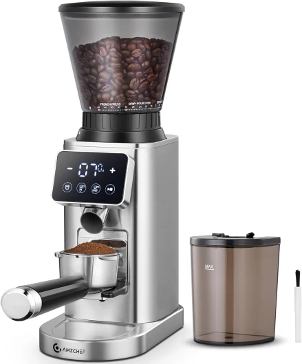 Moulin A Café Électrique Avec Support Amovible Et Récipient - Écran Tactile LCD - 24 Réglages Précis - Moulin A Cafe Grain Pour Espresso/Filtre/Bec Verseur/Infusion A Froid/Cafetière A Piston Argent