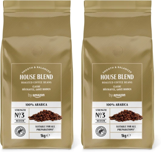 House Blend Grains de café, 100% Arabica, torréfaction moyennement poussée, 2kg, 2 lot de 1kg - Certifiés Rainforest Alliance 1 kg (Lot de 2)