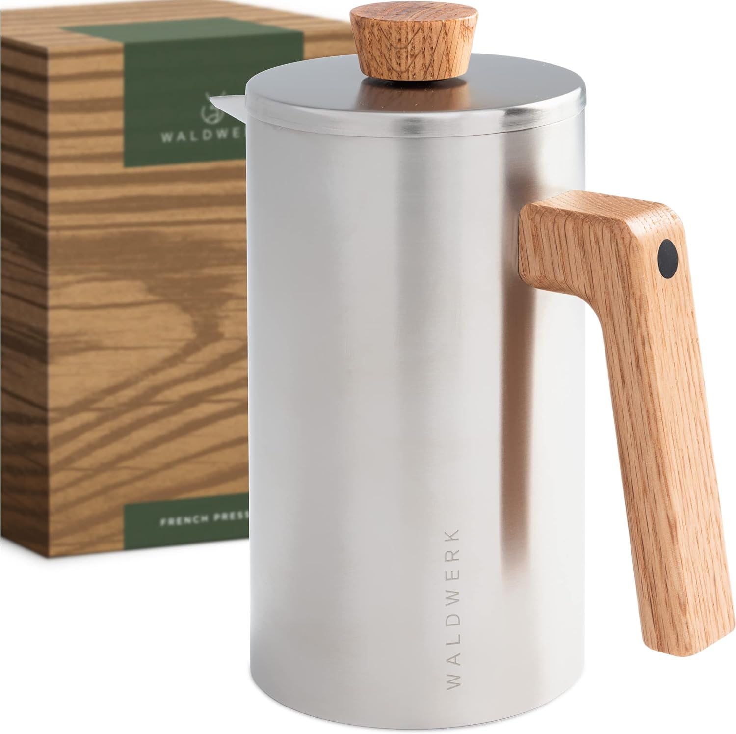Cafetière à Piston (1L) - French Press en Acier Inoxydable à Double Paroi avec Poignée en Bois de Chêne - Cafetière Manuelle Sans Plastique
