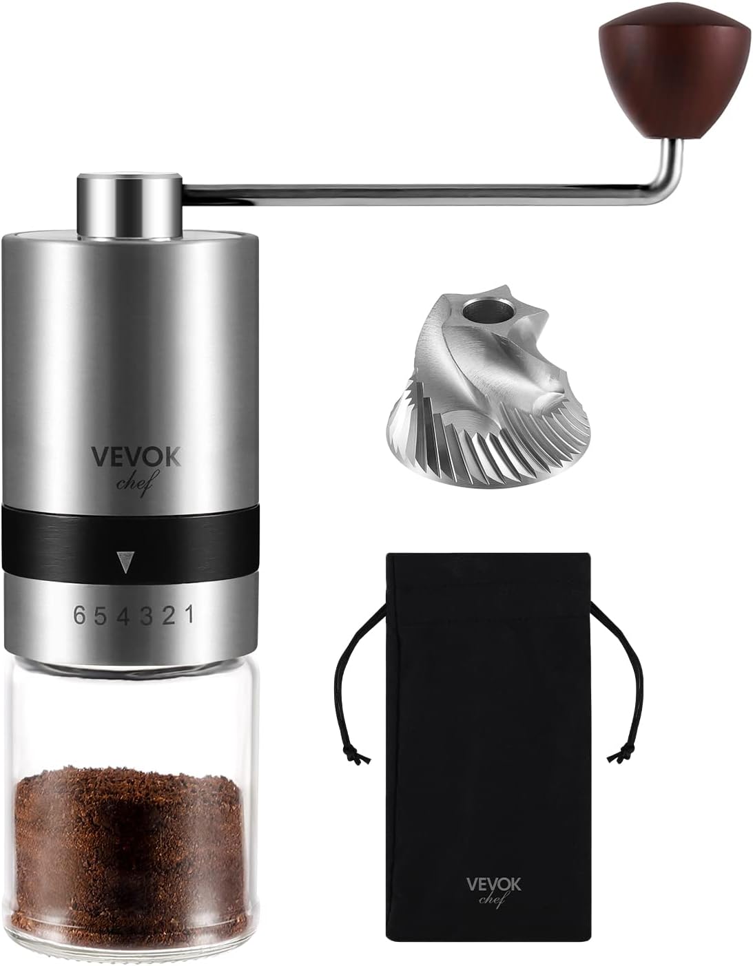 Vevok Chef Moulin à Café Manuel avec 6 Réglages Externes pour Espresso à French Press, Meule Conique en Acier Inoxydable, Idéal pour Maison, Bureau ou Voyages, Argent Argenté