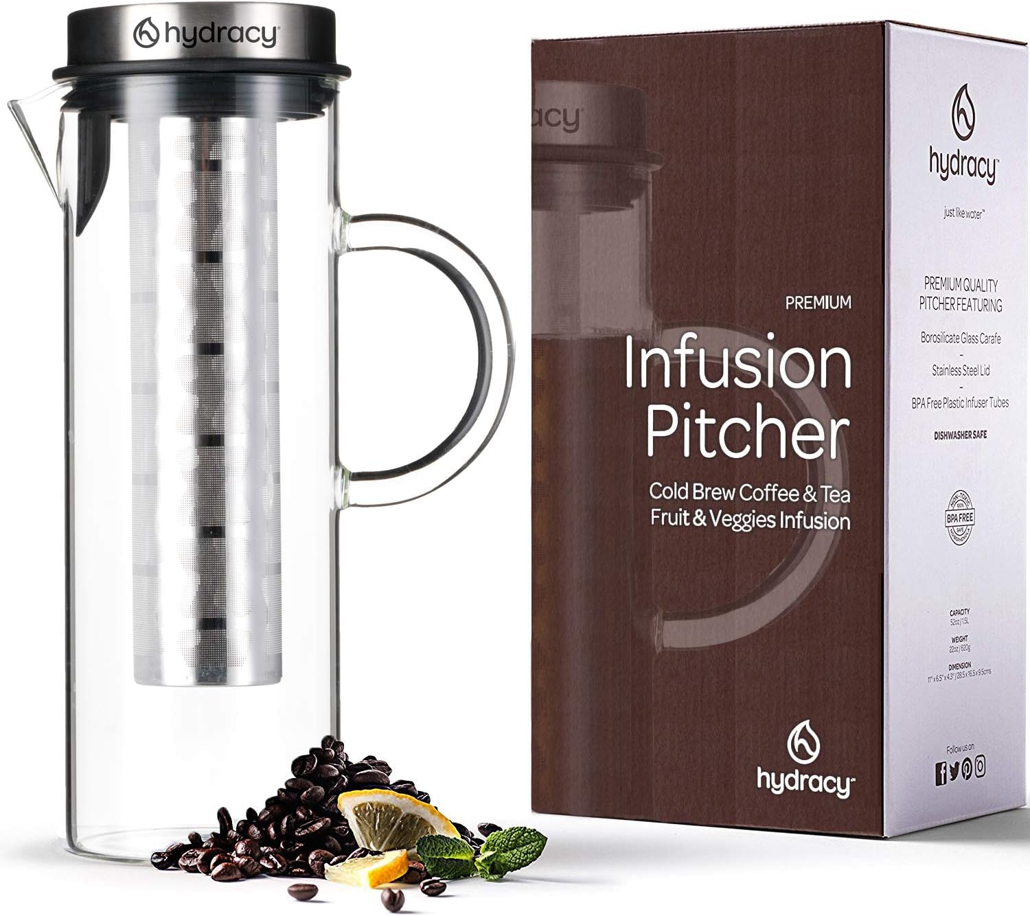 Cafetière pour Café ou Thé Glacé - Grande Carafe 1,5L à Infusion de Fruits en Verre Borosilicate et Acier Inox - 2 Tubes infuseur Interchangeables - Idéal pour la Maison et la Cuisine