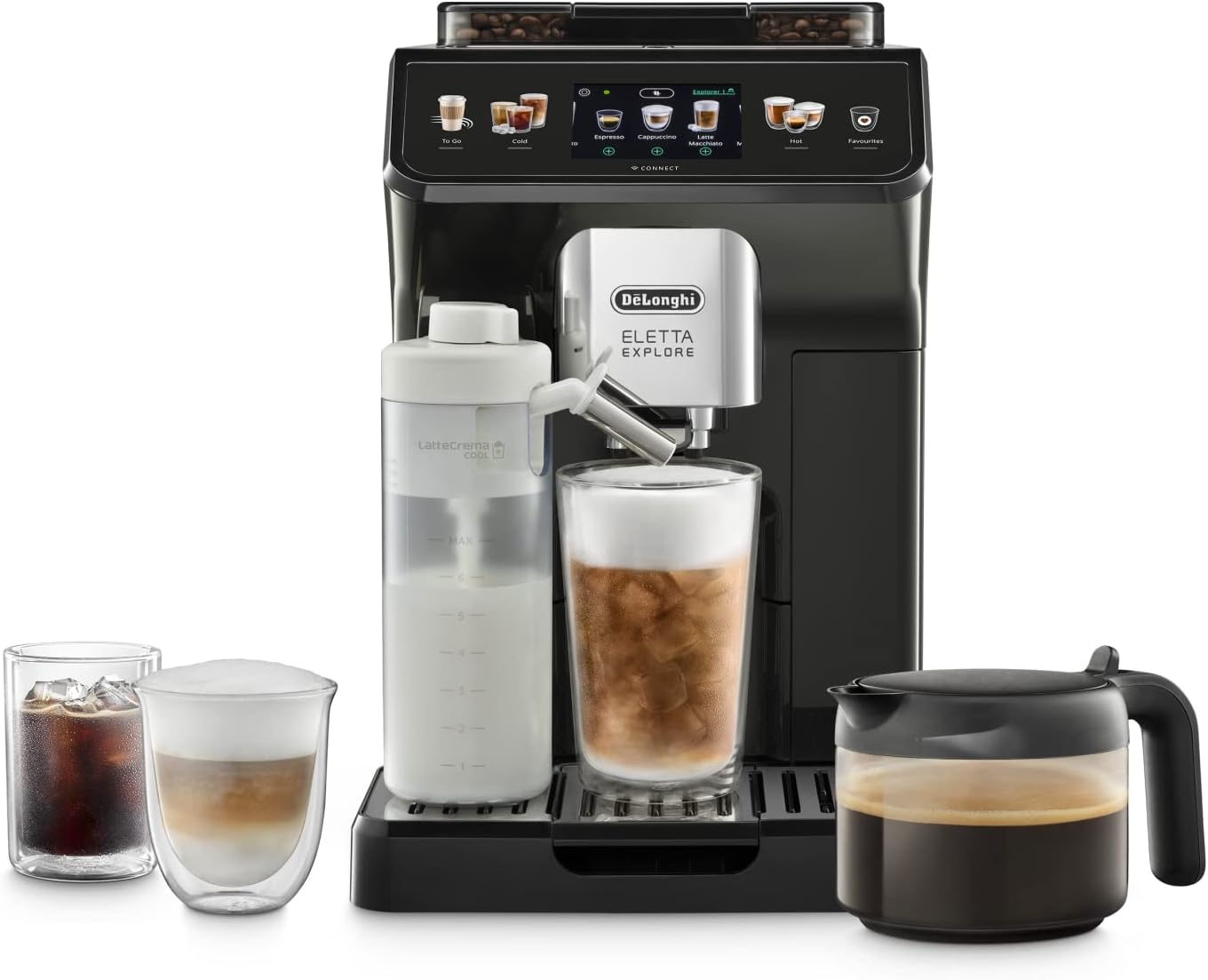 De'Longhi Eletta Explore Cold Brew ECAM452.67.G, Machine à Café Barista avec LatteCrema Hot and Cool, Machine à Espresso, Machine à Café Automatique, Extraction Froide, Pot à Café Inclus, Gris Foncé Avec Cold Extraction Technology