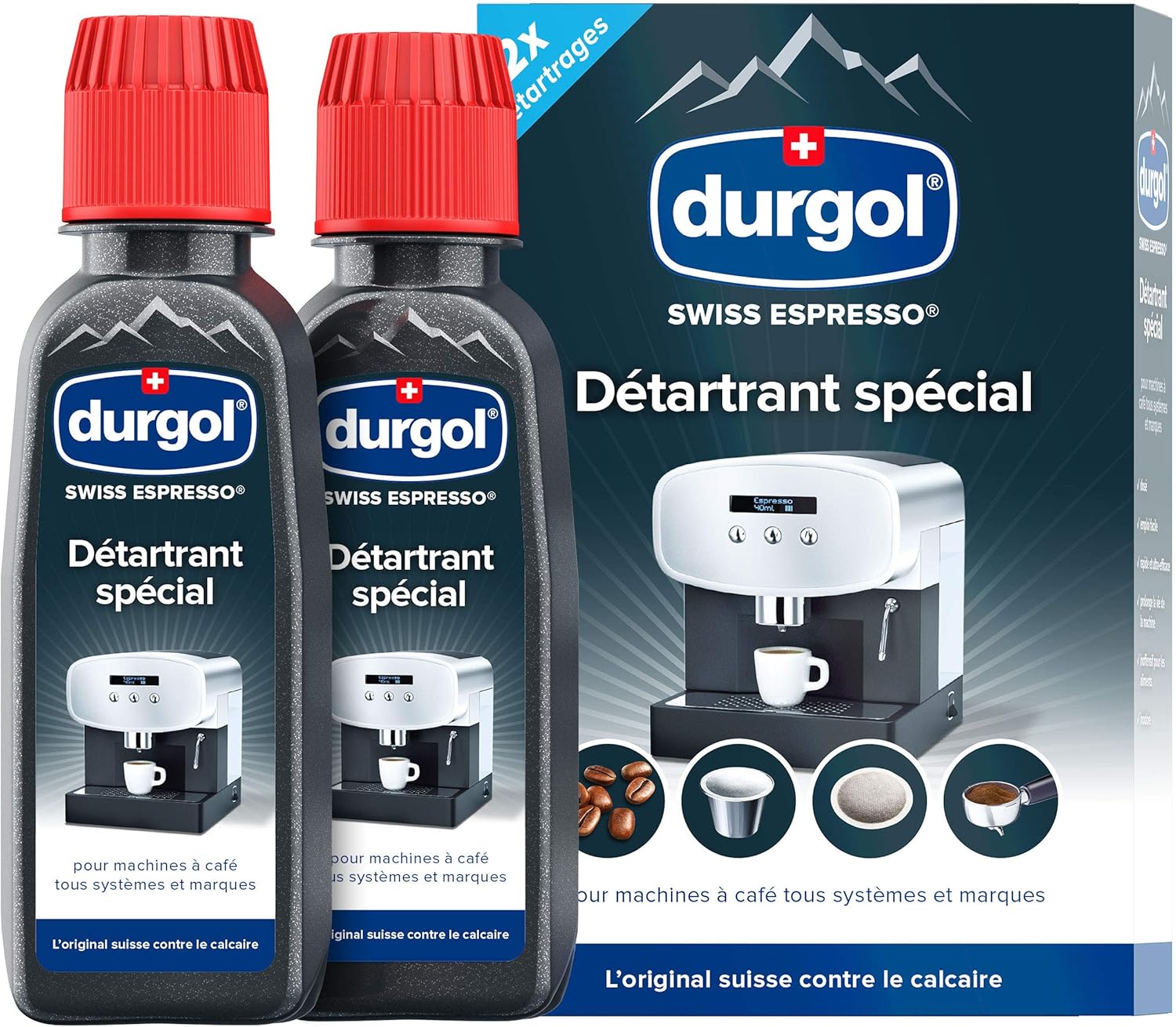 Durgol swiss espresso – Détartrant spécial anti-calcaire pour tous types de machines à café – Enlève le calcaire efficacement – Version française – 2 x 125 ml