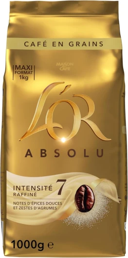 L'OR, 1 kg Café en Grains Absolu,100% Arabica, Intensité 7, 1kg ( l'emballage peut varier ) Absolu n°7 - Equilibré 1 kg (Lot de 1)