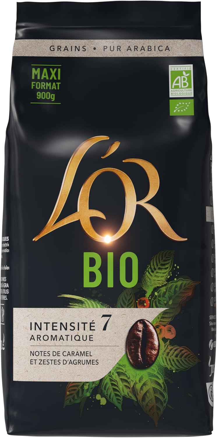 L OR BIO CAFE EN GRAINS 900G, 100% Arabica, Intensité 7