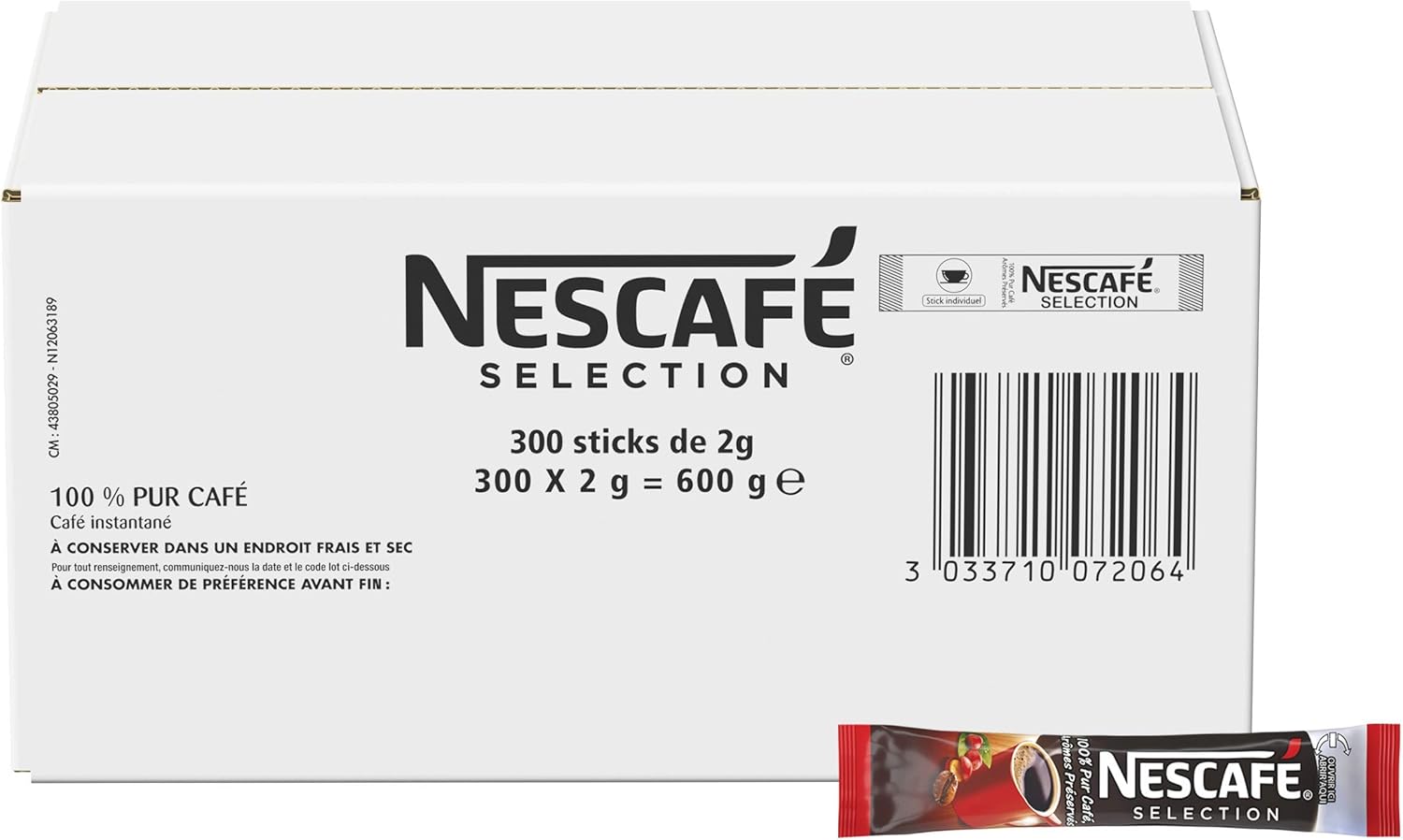 NESCAFÉ Sélection Sticks Café Soluble - Dose Individuelle 2g - Majoritairement Robusta - Café en Poudre - Approvisionnement 100% plus Responsable - Carton de 300 Dosettes de 2g - 600g 300 sticks caféinés