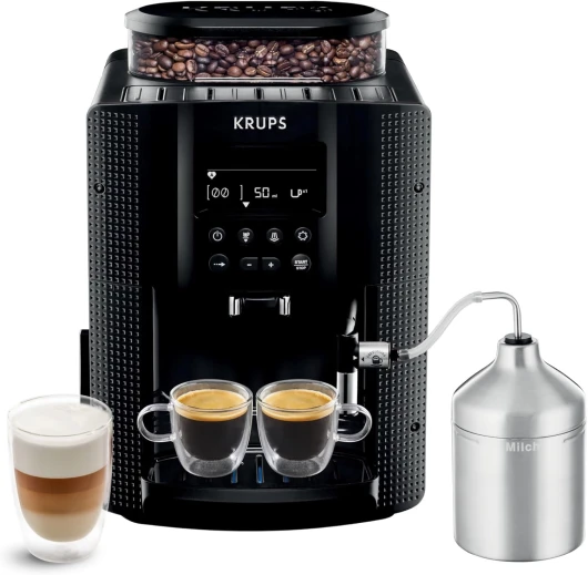Machine à café grain, machine expresso, 2 tasses en simultané, Ecran LCD, Nettoyage automatique, Buse vapeur, Pot à lait inox inclus pour Cappuccino, Cafetière espresso Essential EA816031 Noir + Inox Modèle Essential - Ecran Intuitif + Pot à Lait