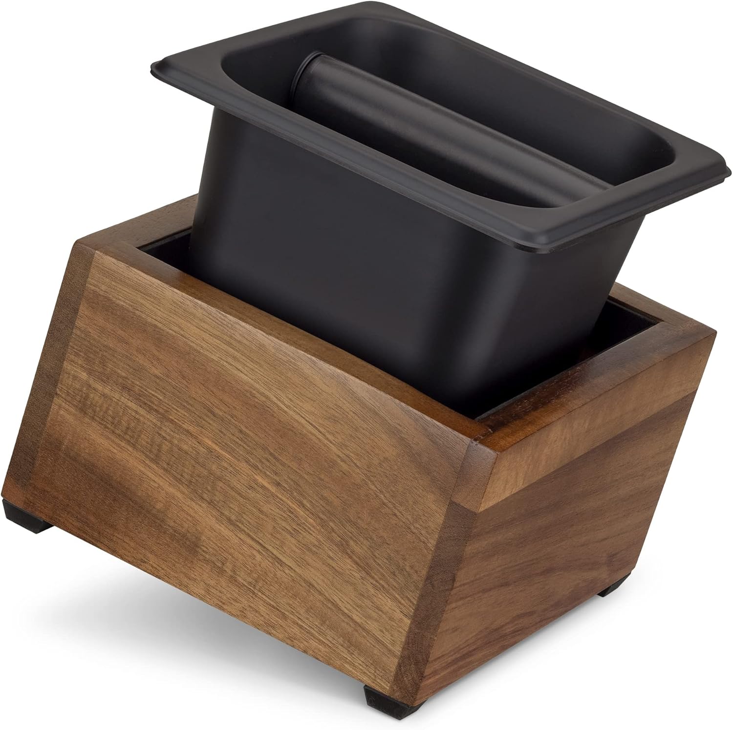 Boîte pour marc de café - Récupérateur de déchets pour machine à café 18 x 17 x 11 cm - Pot anti-dérapant inox et bois pour barista Marron / Noir