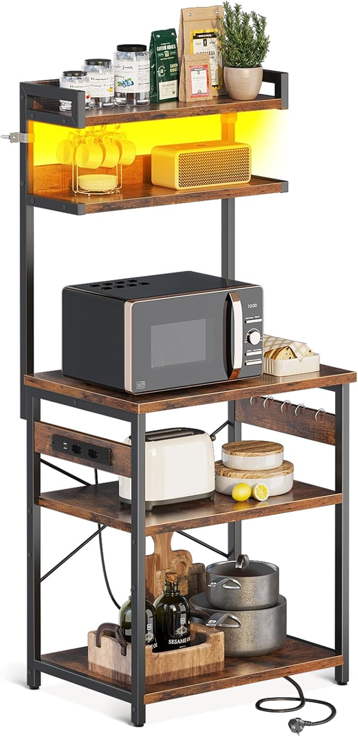 Coleshome Étagère de Cuisine avec Prise Électrique & LEDs, Étagère pour Machine à Café avec 5 Étagères et 5 Crochets, Meuble Micro-Ondes, Étagère de Rangement, 35x60x150 cm, Brun Rustique 60L cm