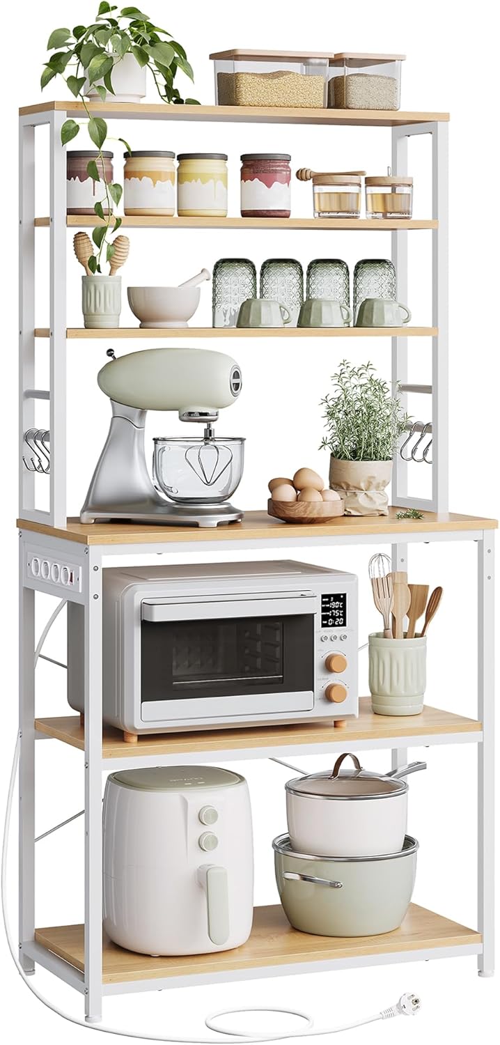 Étagère de Cuisine avec Multiprise, Étagère pour Machine à Café, 6 Étagères, 6 Crochets, pour Four à Micro-Ondes, Cadre en Acier, 40 x 80 x 167 cm, Chêne Doré et Blanc Nuage KKS119Y02 80L cm Chêne Doré + Blanc Nuage