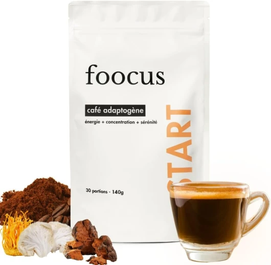 Foocus Café aux Champignons Adaptogenes en Poudre - Complex Lions Mane, Cordyceps, Chaga, Collagène - Mushroom Coffee Énergie et Concentration 30 portions (186g)