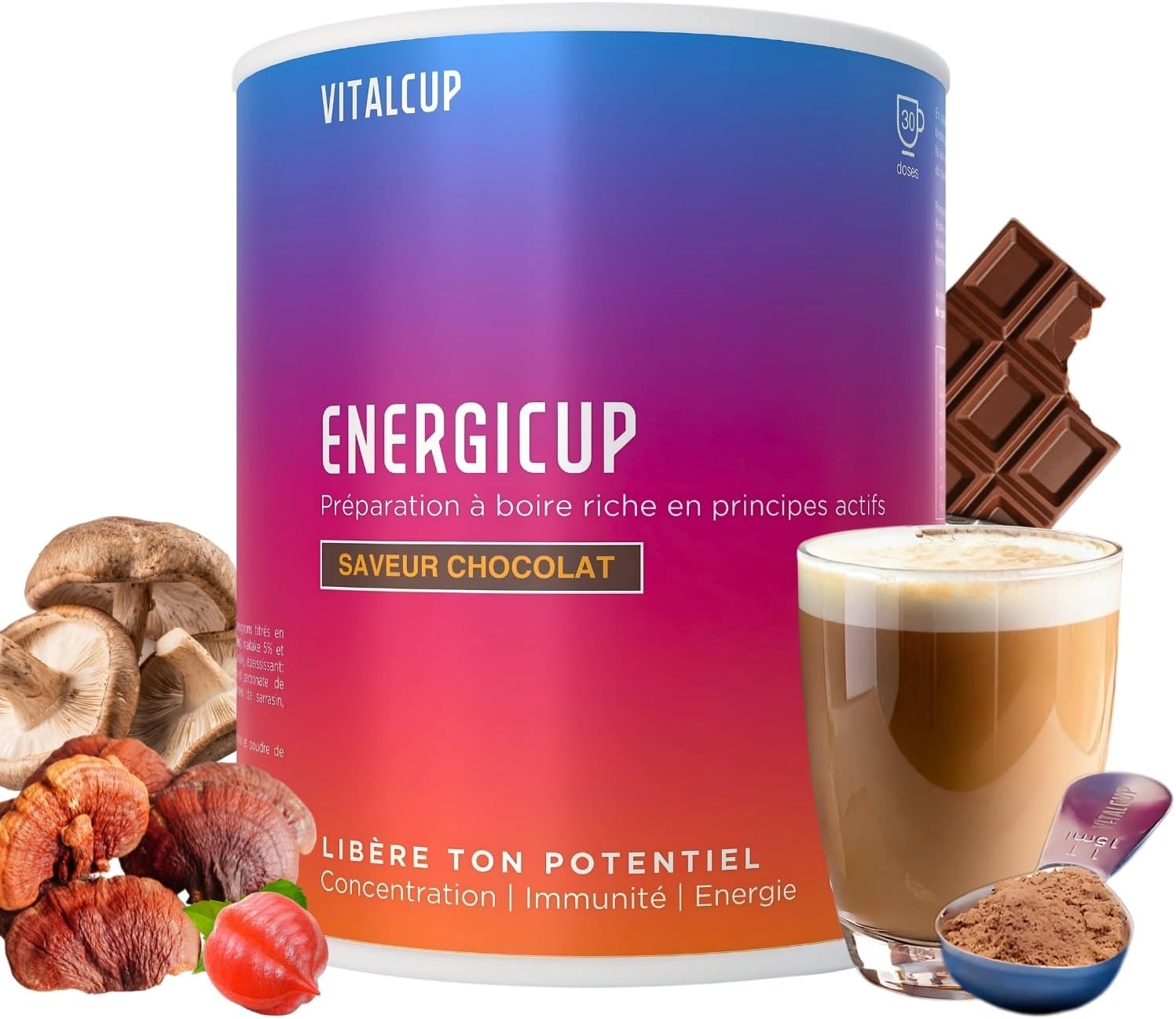 Energicup - Supercafé au Guarana et Champignons Adaptogènes - Enrichi en Fibres et Magnésium - Saveur Chocolat - Concentration, Immunité, Energie - Sans gluten - Made in France