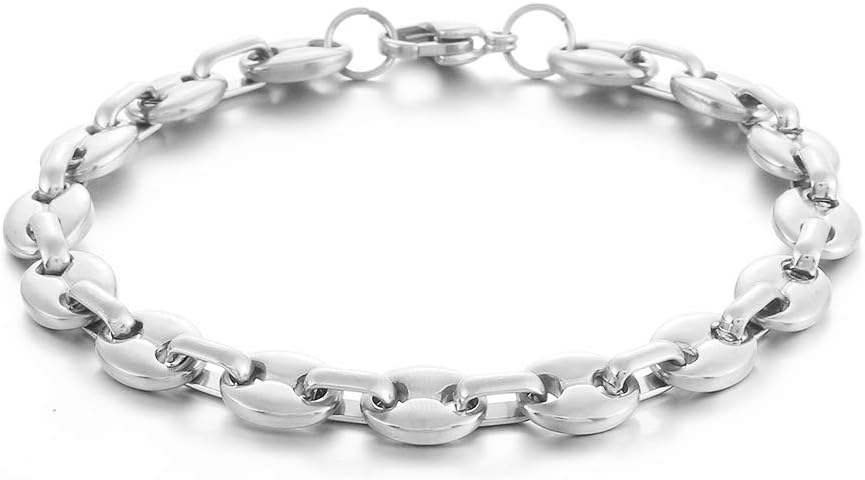 Bracelet Graine de Café Homme Gourmette Argent Noir Or en Acier Inoxydable - Chaine Grain de Cafe Longueur 18/22/24cm, Largeur 6/9/11mm Argent - 6mm 18 Centimètres