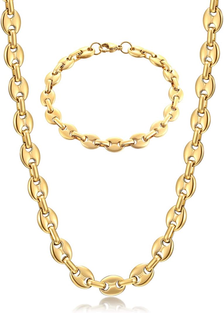 Chaine Maille Grain de Café Homme Collier et Bracelet en Acier Inoxydable, 6mm 9mm 11mm Argent/Or/Noir Or - Grains de Café 9mm 61 Centimètres