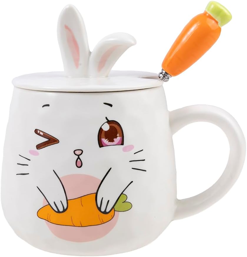 Tasse Lapin Coquin - Collection Lapin - Couvercle Oreilles de Lapin et Cuillère Carotte - Porcelaine et Métal - 425 ML - Café, Thé, Chocolat, Cappuccino - Idée Cadeau Originale Blanc 2