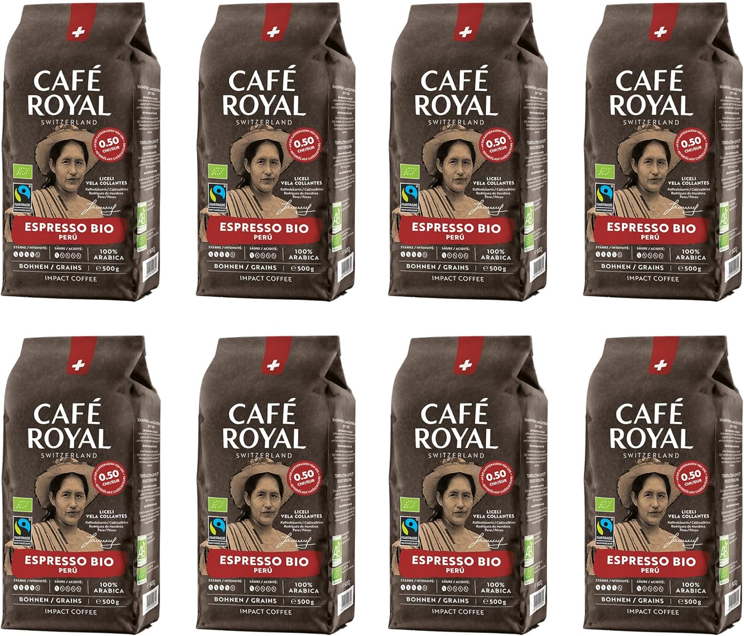 8 x 500 GR - Café Royal Peru Espresso Bio - Café Torréfié en Grains - Format Pratique - Sachets de 0,5 KG - Intensité 4/5 - Grains 100% Arabica Durables du Pérou - Certifiés Fairtrade Peru Espresso Bio 500 g (Lot de 8)