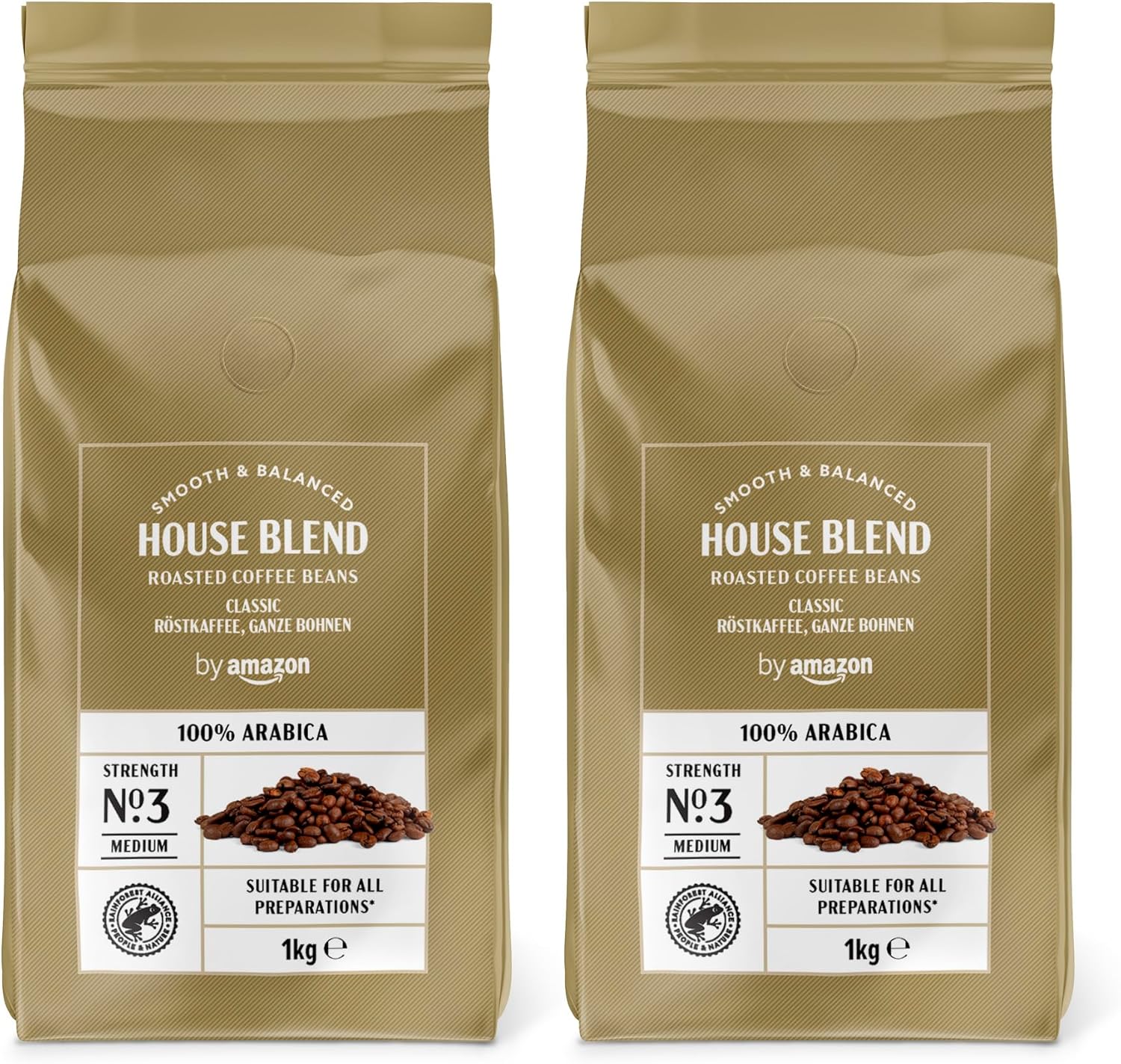 House Blend Grains de café, 100% Arabica, torréfaction moyennement poussée, 2kg, 2 lot de 1kg - Certifiés Rainforest Alliance 1 kg (Lot de 2)