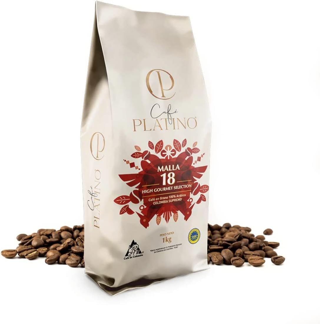 Platinum Coffee - Café en grains de Colombie Supremo 1Kg - 100% Arabica - Certifié par la Fédération Nationale des Caféiculteurs de Colombie - Mesh +18