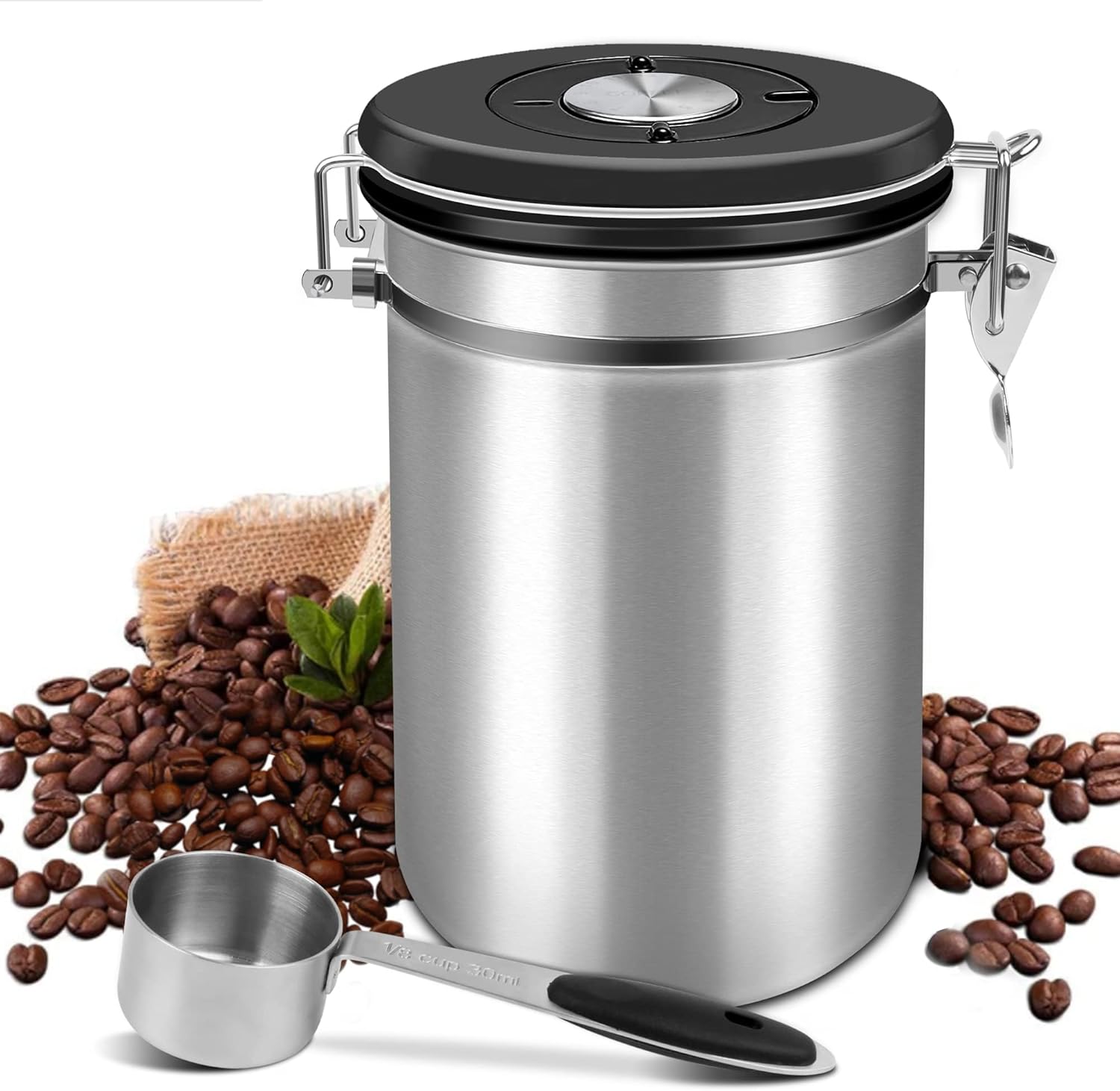Boîte à Café Hermétique,Coffee Vault Hermétique de Conservation Pour Café et de Toutes Ses Saveurs en,Acier Inoxydable avec la Capacité de Stockage à 22.8oz/1.4lb-avec Une Cuillère (2800 ml) 9142-A