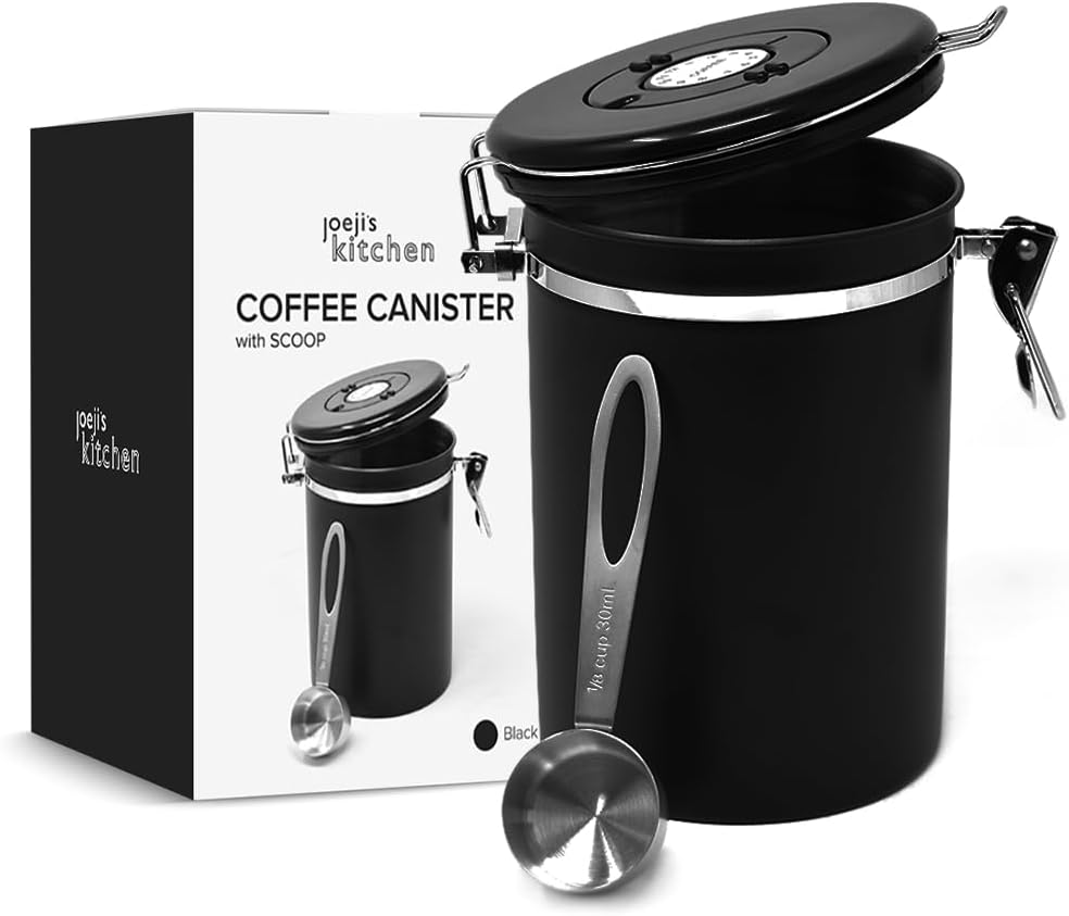 Joeji's Kitchen Boite a Cafe Moulu Hermétique - Acier Inox 1800 ml Capacité - Ideal pour Café en Grains ou en Poudre 500 à 600 grammes - Conserver l'arôme et Fraîcheur (Noir)