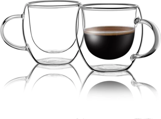 Lot de 2 tasses à expresso (80 ml), tasses à expresso en verre borosilicate à double paroi avec poignées, idéales pour un petit café expresso