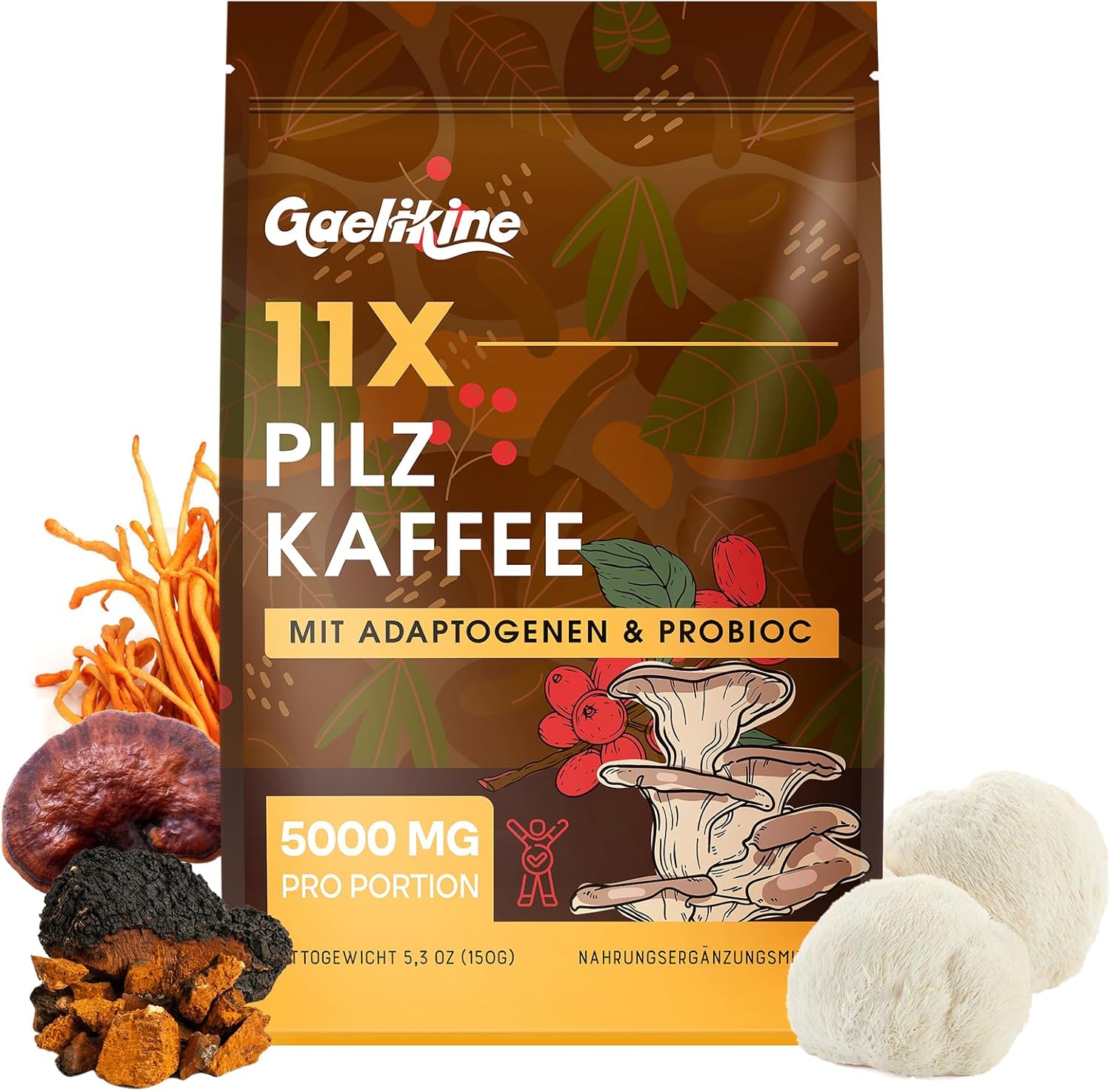 Café Aux Champignons, Mélange 11 Champignons Avec Adaptogènes & Probiotiques, Café Instantané Arabica Avec Crinière De Lion, Chaga, Reishi, Cordyceps & Plus, Extrait En Poudre, 150g
