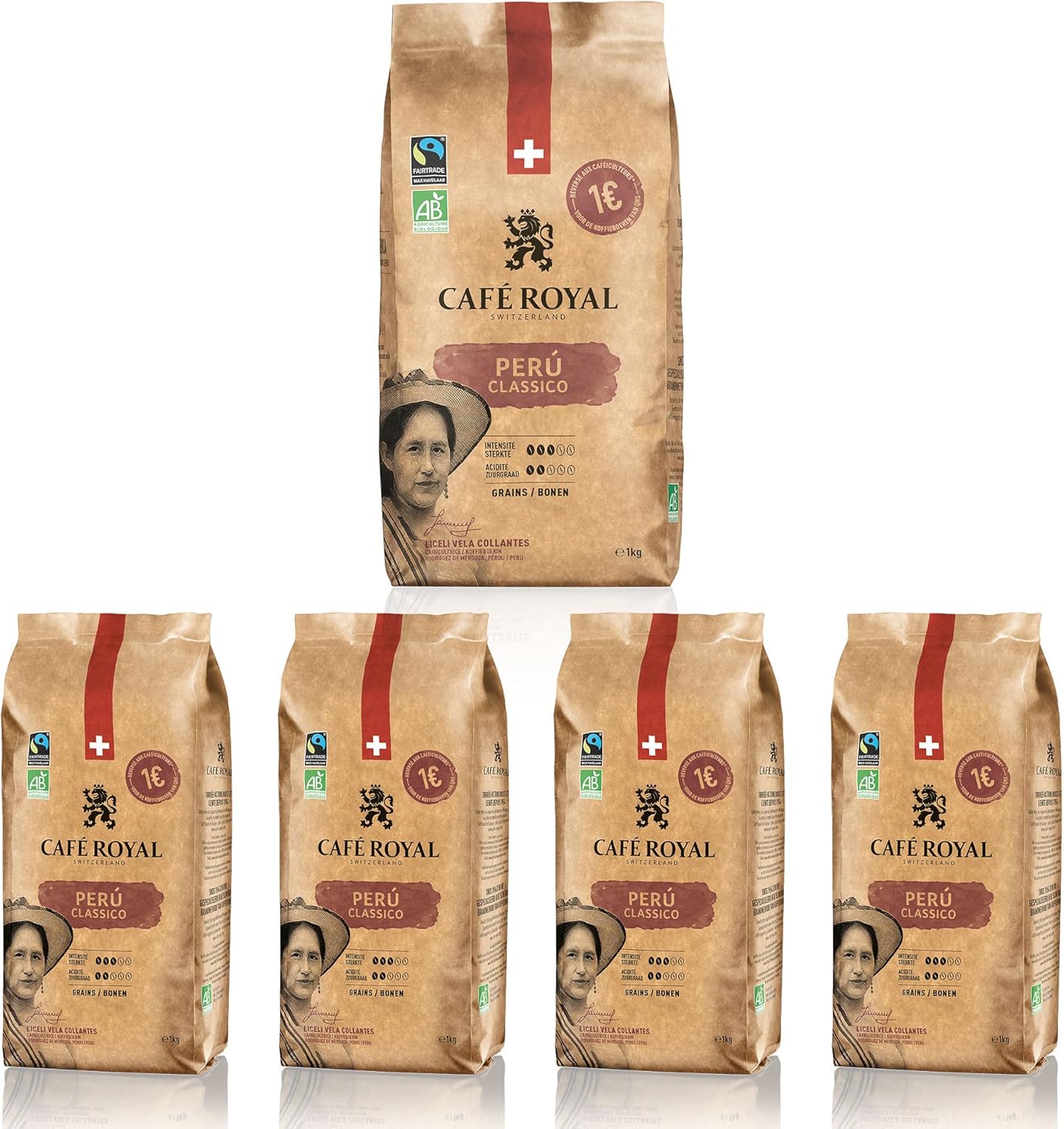 4 x 1 KG - Café Royal Peru Classico - Café Torréfié en Grains - Intensité 3/5 - Grains 100% Arabica Durables du Perou - Certifiés Fairtrade Peru Classico 1 kg (Lot de 4)
