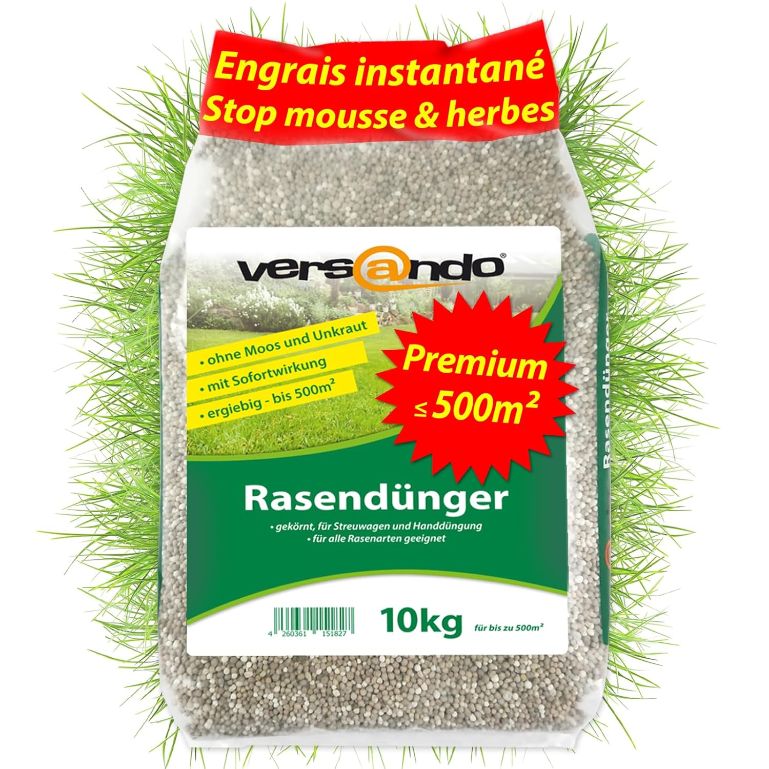 Versando 10kg d'engrais gazon été jusqu'à 500m²: repousse la mousse et les mauvaises herbes pour un gazon sain et bien vert Engrais d'été à effet immédiat - qualité Premium 10kg Engrais gazon effet immédiat