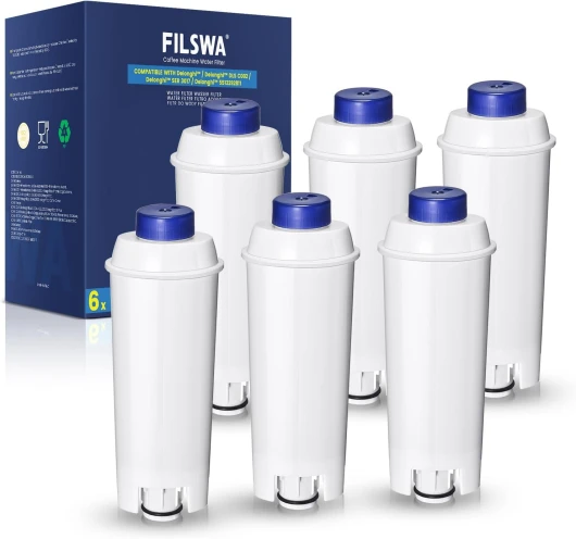 Filswa Filtre à eau de rechange pour machine à café automatique - Compatible avec la série Delonghi ECAM, Dinamica, Cappuccino System, Magnifica, ETAM Autentica et différents modèles d'Esam, certifié 6 Stück