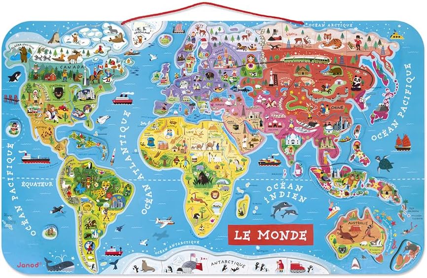 Puzzle Carte du Monde Magnétique en Bois - 92 Pièces Aimantées - 70 x 43 cm - Version Française - Jeu éducatif dès 7 ans, J05500 Argent Métallique