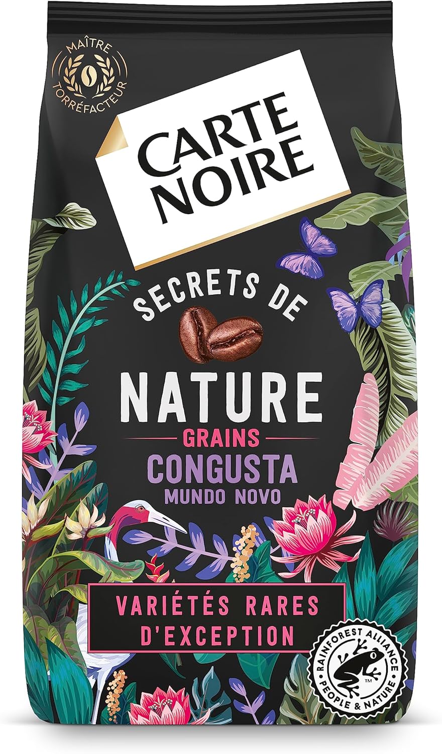 Café Grain Carte Noire "Secrets de Nature" - Congusta & Mundo Novo - Certifié Rainforest Alliance - Paquet de 1 kg - Fabriqué en France