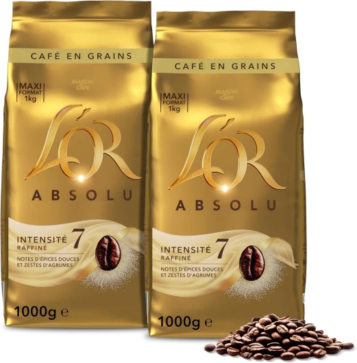 L'OR, 2Kg Café en Grains Absolu, Arabica & Robusta, Intensité 7, 2 Paquets d'1kg Absolu n°7 - Equilibré 1 kg (Lot de 2)