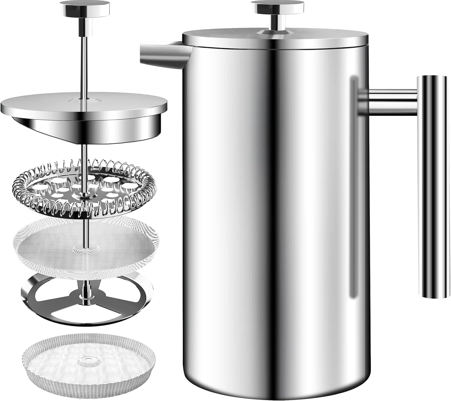 Cafetière à piston en acier inoxydable - Machine à expresso et à thé avec triple filtres - Verre résistant à la chaleur avec piston en acier - Cafetière portable - 34 oz (1,0 litre) - Argent Argent 1 Liter